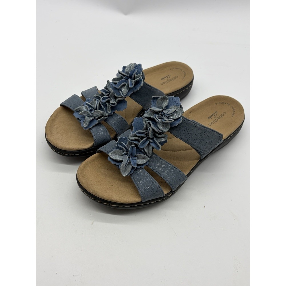 Clarks Laurieann Judi Flat Sandal Blue Leather Floral Womens Size 7 M